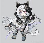  1girl animal_ear_hood animal_ears black_bow black_hood black_vest blue_footwear blue_hair boots bow cat_ears character_request chinese_commentary coat coattails collar collared_coat commentary_request copyright_request crescent_brooch cross_hair_ornament cross_print deformed expressionless fake_animal_ears full_body grey_background grid_background hair_bow hair_ornament heterochromia high_collar holding holding_sheath holding_sword holding_weapon hood hood_up hooded_coat katana knee_boots long_hair long_sleeves looking_at_viewer miniskirt parted_lips pink_eyes pleated_skirt puffy_long_sleeves puffy_sleeves ruguo_wajue_jineng_kaihua sheath simple_background skirt solo sword tassel two-sided_coat two-sided_fabric very_long_hair vest violet_eyes weapon weibo_watermark white_coat white_collar white_hair white_skirt 