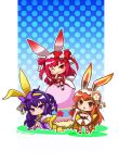     3girls beatmania bunny_girl easter easter_egg egg miko multiple_girls orange_dress orange_eyes orange_hair purple_dress purple_hair rabbit_ears rabbit_girl red_dress red_eyes redhead sisters umegiri_ameto umegiri_hifumi umegiri_iroha violet_eyes