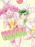  2girls animal_ears anno_(bambi1103no) artist_name blue_eyes breasts dress easter easter_egg egg frills green_hair hair_ornament hat highres large_breasts long_hair looking_at_viewer macross macross_delta makina_nakajima multiple_girls open_mouth pink_hair pointy_ears rabbit_ears reina_prowler short_hair skirt smile twintails 