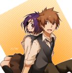  1boy 1girl black_vest blue_necktie brown_eyes brown_hair brown_skirt chrome_dokuro collared_shirt commentary_request eyepatch katekyo_hitman_reborn looking_at_another looking_to_the_side masaki_729 necktie one_eye_covered open_mouth pants pointy_hair purple_hair sawada_tsunayoshi school_uniform shirt skirt smile vest violet_eyes white_shirt 
