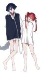  2girls :d absurdres animal_ears bare_legs blue_hair blue_sweater_vest blue_tail blush chain chain_leash closed_mouth dog_ears fang full_body grey_eyes hair_ribbon head_tilt heterochromia highres hiodoshi_ao hololive hololive_dev_is houshou_marine leash long_sleeves looking_at_viewer multiple_girls no_pants open_mouth planetzer_0 red_eyes red_ribbon redhead ribbon shirt short_hair simple_background smile sweater_vest twintails virtual_youtuber white_background white_shirt yellow_eyes 