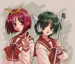 2girls absurdres android broom green_eyes green_hair hairband highres holding holding_broom kamigishi_akari longmei_er_de_tuzi looking_at_viewer multi_(to_heart) multiple_girls open_mouth red_eyes red_sailor_collar redhead robot_ears sailor_collar school_uniform serafuku smile to_heart to_heart_(series) upper_body v 
