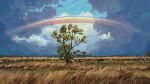  animal blue_sky clouds cloudy_sky fangpeii field highres horse no_humans original outdoors rainbow scenery sky tree 