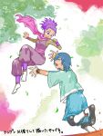  1boy 1girl blue_eyes blue_hair commentary_request dress falkner_(pokemon) janine_(pokemon) leaf looking_at_another open_mouth outstretched_arms pokemon pokemon_hgss purple_dress purple_hair purple_scarf scarf translation_request violet_eyes yuh_(250663) 