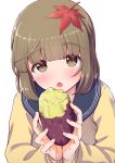  1girl blue_sailor_collar blunt_bangs blush breasts brown_eyes brown_hair cardigan dot_nose food highres holding holding_food idolmaster idolmaster_cinderella_girls idolmaster_cinderella_girls_starlight_stage kaishinshi leaf leaf_on_head long_hair long_sleeves looking_at_viewer maple_leaf open_mouth roasted_sweet_potato sailor_collar simple_background small_breasts solo sweet_potato upper_body white_background yellow_cardigan yorita_yoshino 