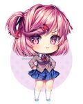  1girl aqua_footwear artist_name blazer blue_skirt blush brown_jacket buttons chibi chibi_only closed_mouth collared_shirt colored_eyelashes doki_doki_literature_club full_body hair_ribbon hands_on_own_hips highres jacket kneehighs long_sleeves looking_at_viewer natsuki_(doki_doki_literature_club) pink_eyes pink_hair pout purple_background red_ribbon ribbon sasucchi95 shirt short_hair short_twintails skirt socks solo swept_bangs transparent_background twintails two-tone_footwear v-shaped_eyebrows white_footwear white_shirt white_socks 