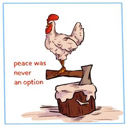  animal animal_focus animal_on_weapon axe bird bird_on_weapon blue_border border chicken english_commentary english_text feathers glaring highres inset_border no_humans no_sclera on_weapon original planted planted_axe quezify rooster simple_background snow standing tree_stump white_background white_bird white_feathers yellow_eyes 