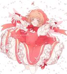  1girl blush bow bowtie brown_hair cardcaptor_sakura closed_eyes dress facing_viewer frilled_dress frills full_body gloves highres jumping key kinomoto_sakura magical_girl open_mouth outstretched_arms petals red_bow red_bowtie red_dress rii2a77ru short_hair smile solo spread_arms thigh-highs white_gloves white_thighhighs 