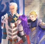  1girl 2boys arm_at_side armor black_gloves blonde_hair blue_cape cape closed_eyes dark-skinned_male dark_skin dedue_molinaro dimitri_alexandre_blaiddyd earrings finger_to_another&#039;s_cheek fire_emblem fire_emblem:_three_houses fire_emblem_warriors:_three_hopes gauntlets gloves hand_on_own_hip indoors jewelry laughing long_hair multiple_boys official_alternate_costume official_alternate_hairstyle purple_hair red_cape red_gloves riou_(pooh920) shez_(fire_emblem) standing white_hair 
