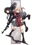  2girls black_hair blonde_hair breasts closed_mouth dress gun hair_ribbon handgun highres holding holding_gun holding_weapon inoue_takina long_hair long_sleeves looking_at_viewer lycoris_recoil lycoris_uniform multiple_girls nishikigi_chisato red_eyes red_ribbon ribbon rifle shirt short_hair simple_background smile taiga_hiroyuki two-tone_dress violet_eyes weapon 