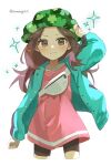  1girl arm_up bag bike_shorts blush brown_eyes brown_hair buttons closed_mouth commentary_request green_hat green_jacket hat highres jacket leaf_(pokemon) leaf_(sygna_suit)_(pokemon) long_hair long_sleeves looking_at_viewer official_alternate_costume open_clothes open_jacket pink_shirt pokemon pokemon_masters_ex shirt smile solo sparkle sumeragi1101 white_bag zipper_pull_tab 