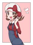 1girl :d blush border bow brown_eyes brown_hair commentary_request hand_up hat hat_bow highres index_finger_raised koniko_(525lj) long_hair lyra_(pokemon) notice_lines open_mouth overalls pink_background pokemon pokemon_hgss red_bow red_shirt shirt smile solo teeth tongue twintails upper_teeth_only white_border white_hat 