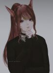  1girl animal_ears aoi_ogata artist_name black_choker black_sweater brown_hair cat_ears choker clip_studio_paint_(medium) closed_mouth commentary commission english_commentary facial_mark final_fantasy final_fantasy_xiv grey_background hand_tattoo hand_up highres long_hair long_sleeves looking_at_viewer ponytail red_lips ribbed_sweater simple_background sleeves_past_wrists solo sweater tattoo upper_body violet_eyes whisker_markings 