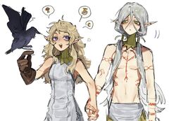  1boy 1girl arm_tattoo bird black_bird blonde_hair chest_tattoo closed_mouth crow dungeon_meshi elf fleki gloves gorget green_eyes grey_hair hair_around_ear hair_tubes highres holding_hands long_hair looking_at_another low_twintails lycion notched_ear nova_1810 open_mouth pointy_ears simple_background sketch sleeveless smile speech_bubble tattoo topless_male tunic twintails upper_body violet_eyes white_background 