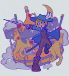  1girl arm_up black_footwear black_pants black_vest blonde_hair blue_cape blue_hat boots cape carousel cavalier_hat clouds collared_shirt color8838 don_quixote_(project_moon) full_body highres holding holding_sword holding_weapon limbus_company open_mouth pants project_moon rapier shirt short_hair simple_background smile solo sword vest weapon white_background white_shirt yellow_eyes 