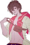  1boy adjusting_clothes ahoge brown_hair commentary_request cropped_arms fanny_pack granblue_fantasy hair_between_eyes highres hood hood_down jacket looking_at_viewer makita_(homosapiensu) male_focus messy_hair official_alternate_costume open_clothes open_jacket parted_lips red_eyes sandalphon_(granblue_fantasy) sandalphon_(summer)_(granblue_fantasy) short_hair sketch solo upper_body white_background 