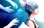  1boy 6+others basketball_jersey blue_background blue_eyes blue_hair expressionless gradient_background kuroko_no_basuke kuroko_tetsuya male_focus multiple_hands multiple_others parted_lips short_hair sleeveless solo_focus tearing_up teeth tokyoparasite two-tone_background upper_body white_background 