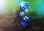  1boy android arm_cannon blue_eyes blue_helmet energy_cannon from_behind full_body glowing glowing_eyes highres looking_at_viewer looking_back male_focus mega_buster mega_man_(character) mega_man_(classic) mega_man_(series) r3dfive rain solo water_drop weapon 