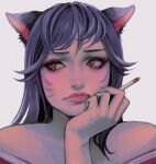  1girl absurdres ahri_(league_of_legends) animal_ears bare_shoulders black_hair breasts cigarette close-up crescentkitten facial_mark fox_ears highres holding holding_cigarette league_of_legends simple_background smoke smoking solo whisker_markings white_background 
