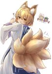  3girls ^_^ absurdres animal_ears blonde_hair blush chen chibi chibi_inset closed_eyes closed_mouth commentary_request feet_out_of_frame fox_ears fox_girl fox_tail from_behind frown gap_(touhou) hair_between_eyes hand_up heart highres long_sleeves looking_at_viewer looking_back multiple_girls multiple_tails no_headwear open_mouth raised_eyebrows shirt short_hair simple_background skirt smile solo_focus sound_effects standing sweatdrop tail touhou translation_request tsubakipan white_background white_shirt white_skirt wide_sleeves yakumo_ran yakumo_yukari 