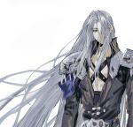  1boy armor belt black_belt black_coat blue_eyes chest_strap coat dissidia_final_fantasy final_fantasy final_fantasy_vii grey_hair hair_over_one_eye high_collar highres long_bangs long_hair looking_to_the_side male_focus moyanwxy parted_bangs pauldrons sephiroth shoulder_armor simple_background slit_pupils solo standing upper_body very_long_hair white_background 
