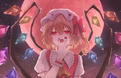  1girl absurdres ascot blonde_hair crystal_wings flandre_scarlet frills hand_up hat hat_ribbon highres medium_hair mob_cap moon night night_sky open_mouth outdoors red_eyes red_moon red_ribbon ribbon side_ponytail sky solo touhou white_hat wrist_cuffs yellow_ascot yoshi_na 