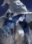  1girl absurdres blue_hair blue_skin cloak closed_eyes colored_skin cracked_skin elden_ring english_commentary from_side fur_cloak hat highres large_hat lmilkyskin long_hair mini_person miniature_ranni minigirl ranni_the_witch sitting solo witch witch_hat 