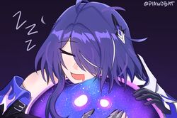  1girl :d acheron_(honkai:_star_rail) black_background black_gloves closed_eyes commentary gloves hair_ornament highres honkai:_star_rail honkai_(series) ix_(honkai:_star_rail) open_mouth pianobat purple_hair short_hair single_bare_shoulder smile zzz 