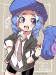 1girl baseball_cap blue_eyes blue_hair blush cardigan eromame fang hand_on_own_hip hat holding holding_weapon necktie nintendo octoling octoling_girl octoling_player_character open_cardigan open_clothes open_mouth shirt shorts splatoon_(series) splatoon_3 splattershot_jr_(splatoon) tentacle_hair watch weapon white_shirt