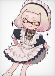  1girl 3mtmm alternate_costume apron blonde_hair blue_dress blunt_bangs choker commentary_request dress enmaided frilled_apron frills gold_choker gradient_hair grin hand_on_own_hip highres inkling maid maid_apron maid_headdress mole mole_under_mouth multicolored_hair pearl_(splatoon) pink_hair puffy_short_sleeves puffy_sleeves short_hair short_sleeves skirt_hold smile socks solo sparkle splatoon_(series) standing star-shaped_pupils star_(symbol) symbol-shaped_pupils tentacle_hair twitter_username two-tone_hair white_apron white_background white_socks yellow_eyes zipper_pull_tab 