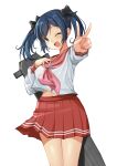  1girl absurdres blue_eyes blue_hair cosplay feet_out_of_frame flight_deck highres hiiragi_kagami hiiragi_kagami_(cosplay) kantai_collection lucky_star neckerchief one_eye_closed pink_neckerchief pleated_skirt red_sailor_collar red_skirt ryouou_school_uniform sailor_collar sailor_shirt school_uniform serafuku shirt simple_background skirt smile solo souryuu_(kancolle) twintails v white_background white_shirt yashin_(yasinz) 
