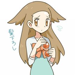  1girl brown_eyes commentary_request dadadanoda flying_sweatdrops hair_bobbles hair_down hair_ornament jasmine_(pokemon) light_blush light_brown_hair lowres pokemon pokemon_hgss simple_background solo unworn_hair_ornament white_background 