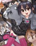  2girls animal_ears belt black_hair black_overalls brown_eyes brown_hair cat cat_ears chain closed_eyes crocs food food_in_mouth girutea grey_hoodie highres hirasawa_yui hood hoodie k-on! kemonomimi_mode long_hair lying multiple_girls nakano_azusa on_back open_mouth overall_shorts overalls paw_pose pocky pocky_in_mouth ring_light_reflection thigh-highs twintails 