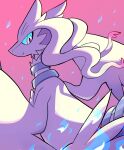  blue_eyes blue_sclera closed_mouth colored_sclera dragon highres komanychi long_hair looking_at_viewer looking_back no_humans pink_background pokemon pokemon_(creature) reshiram simple_background smile solo upper_body white_fur white_hair 