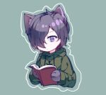  1boy aiba_ibuki animal_ear_fluff animal_hands aqua_background book bright_pupils cat_boy chinese_commentary closed_mouth commentary_request green_hoodie hair_over_one_eye holding holding_book hood hood_down hoodie jewelry kemonomimi_mode long_sleeves male_focus necklace purple_hair saibou_shinkyoku short_hair simple_background solo upper_body violet_eyes white_pupils yin_rouhi 