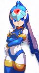  1girl android armor arms_under_breasts blooming_prison_(pz0hv7oluremm0q) blue_armor blue_eyes blue_helmet blurry blurry_background breasts cowboy_shot crop_top fairy_leviathan_(mega_man) forehead_jewel glowing helmet highres medium_breasts mega_man_(series) mega_man_zero_(series) robot_girl simple_background smile solo white_background 