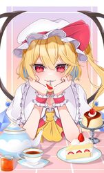  1girl ascot blonde_hair cake commentary_request crystal_wings cup flandre_scarlet food gradient_background hands_on_own_face hat hat_ribbon highres jam looking_at_viewer mob_cap munari_yugi one_side_up plate red_eyes red_ribbon ribbon solo spoon teacup teapot touhou twitter_username white_hat wings wrist_cuffs yellow_ascot 