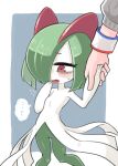  ... 1girl bags_under_eyes blue_background colored_skin dynamax_band gloria_(pokemon) green_hair hair_over_one_eye highres holding_hands horns ino_(tellu0120) kirlia multicolored_skin out_of_frame pink_eyes pokemon pokemon_(creature) sidelocks simple_background sweater two-tone_skin white_skin 