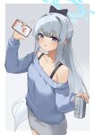  1girl bcag. blue_archive blue_halo blue_sweater can cellphone closed_mouth cowboy_shot grey_hair grey_skirt halo highres holding holding_can holding_phone long_hair long_sleeves looking_at_viewer miyako_(blue_archive) off-shoulder_sweater off_shoulder phone ponytail signature skirt smartphone smile solo sweater tongue tongue_out violet_eyes 