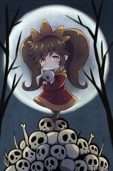  &gt;:( ashley_(warioware) black_hair black_pantyhose bone branch chibi curled_ends flats full_moon holding holding_toy long_hair long_sleeves looking_at_viewer matchamassa moon night night_sky nintendo orange_trim pantyhose pile_of_skulls red_eyes red_footwear silhouette skull sky stitched_mouth stitches stuffed_animal stuffed_rabbit stuffed_toy toy tree twintails v-shaped_eyebrows warioware 