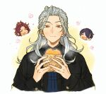  250peicai 3boys absurdres bangs_pinned_back chinese_commentary closed_eyes closed_mouth commentary_request dot_nose ensemble_stars! fingernails food grey_hair hair_over_one_eye hands_up highres holding holding_food isara_mao long_hair long_sleeves male_focus multiple_boys one_eye_covered open_mouth orange_eyes purple_hair ran_nagisa sengoku_shinobu short_hair smile upper_body 