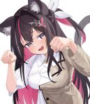  1girl @_@ ai_(u_e_o_o) animal_ear_fluff animal_ears azki_(4th_costume)_(hololive) azki_(hololive) black_hair blush breasts cat_ears cat_girl cat_tail colored_inner_hair dress fang hair_between_eyes hair_intakes hair_ornament hairclip hands_up highres hololive large_breasts long_hair looking_at_viewer multicolored_hair official_alternate_costume open_mouth pink_hair simple_background skin_fang smile solo streaked_hair tail upper_body violet_eyes virtual_youtuber white_background white_dress white_hair 