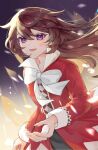  1girl alice_(pandora_hearts) black_dress bow bowtie braid brown_hair coat cowboy_shot dress english_commentary floating_hair gradient_background highres long_hair long_sleeves looking_at_viewer orangecallis pandora_hearts red_coat smile solo twitter_username violet_eyes white_bow 