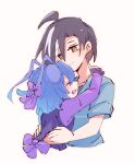  2girls aged_down alonemistrist alternate_costume antenna_hair black_hair blue_hair blue_shirt closed_eyes closed_mouth commentary cropped_torso dragalia_lost dress grey_hair hair_between_eyes hug looking_at_another multicolored_hair multiple_girls open_mouth origa_(dragalia_lost) purple_dress regina_(dragalia_lost) shirt step-siblings step-sisters symbol-only_commentary teeth two-tone_hair upper_body upper_teeth_only white_background yellow_eyes 