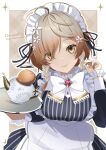  1girl braid breasts brown_hair character_name highres holding holding_tray klara_charmwood light_smile looking_at_viewer maid maid_headdress medium_breasts medium_hair nijisanji nijisanji_en playing_with_own_hair solo teapot tray triple_ahoge tsugu_(tsugu_823) twin_braids typo virtual_youtuber yellow_eyes 
