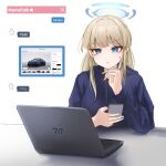  1girl blonde_hair blue_archive blue_eyes blue_halo blue_hoodie car chat_log closed_mouth commentary computer doodle_sensei_(blue_archive) english_commentary english_text finger_to_cheek halo highres holding holding_phone hood hoodie laptop long_hair looking_at_object millennium_science_school_logo motor_vehicle nougat_(73r1r1) phone porsche porsche_911 porsche_992 screenshot_inset sensei_(blue_archive) simple_background solo sports_car sweatdrop thinking toki_(blue_archive) white_background 