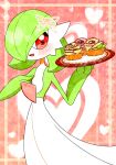  1girl artist_name blush bob_cut border bow colored_skin commentary_request flat_chest food gardevoir green_hair green_skin hair_bow hair_over_one_eye hand_on_own_chest hands_up happy heart heart_background highres holding holding_food holding_tray looking_at_viewer multicolored_skin one_eye_covered open_mouth orange_bow outside_border pokemon pokemon_(creature) red_background red_eyes short_hair signature smile solo sparkle standing symbol-shaped_pupils tart_(food) tray two-tone_skin white_skin yellow_border yuri_(fl0werspace) 