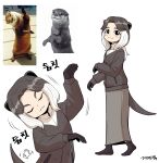  1girl :3 absurdres animal_ears artist_self-insert black_eyes brown_hair closed_eyes closed_jacket full_body gegegekman highres long_hair long_skirt long_sleeves looking_at_viewer multicolored_hair original otter otter_ears otter_girl otter_tail parted_bangs photo_inset reference_inset signature skirt socks tail two-tone_hair white_background white_hair zipper zipper_pull_tab 