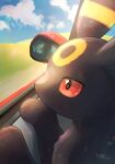  absurdres black_eyes black_fur body_fur car_interior colored_sclera grass highres looking_outside no_humans nullma pokemon pokemon_(creature) red_sclera solo two-tone_fur umbreon yellow_fur 