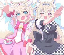  2girls animal_ear_fluff animal_ears blonde_hair blue_eyes blush bow character_request checkered_clothes claw_pose commentary_request copyright_request cosplay dog_ears dog_tail dress fang fuwawa_abyssgard hair_ornament haruno_haruka haruno_haruka_(cosplay) hinata_hirune hololive hololive_english jewelry long_hair mococo_abyssgard multiple_girls one_eye_closed open_hand open_hands open_mouth outstretched_arm outstretched_arms outstretched_hand palms perspective precure reaching short_sleeves skirt spread_fingers striped_tail tail 